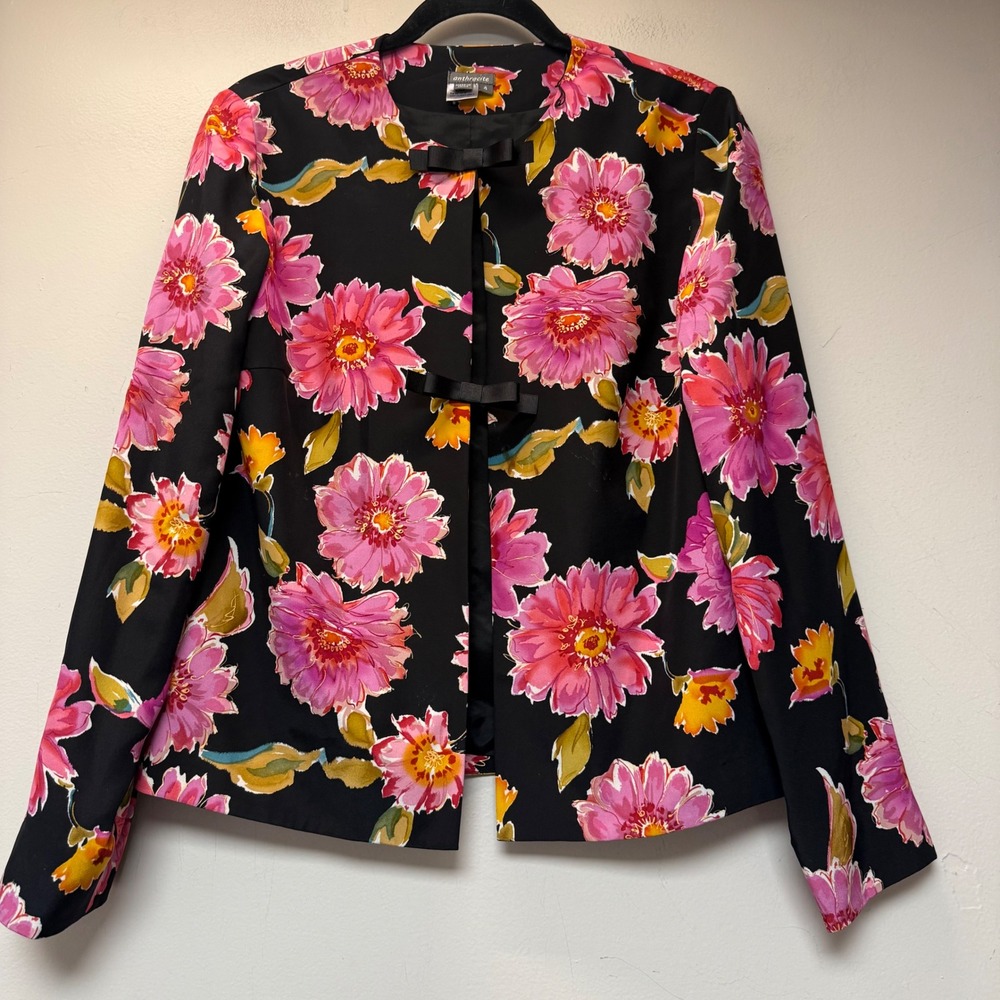 Anthracite Silk Blazer Womens‎ 4 Black Pink Floral Bow Open Front Jacket Excel